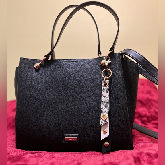 Black Aldo Faux Soft Leather Tote Bag with Gold Hardware + Clip on Accessory - Picture 2 of 8